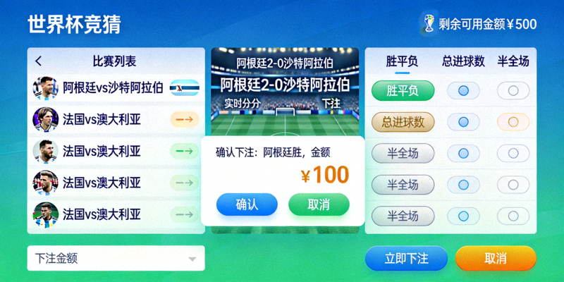 移动端世界杯竞猜应用截图，展示便捷的下注流程和实时比分