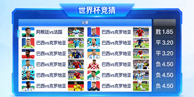 专业世界杯竞猜平台界面展示，显示清晰的比赛列表和赔率信息